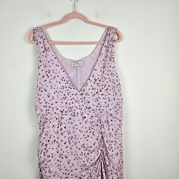 NICHOLAS Pink Purple Silk Floral Drape Front Ruched Hi Low Midi Dress Size 16 - Picture 5 of 12